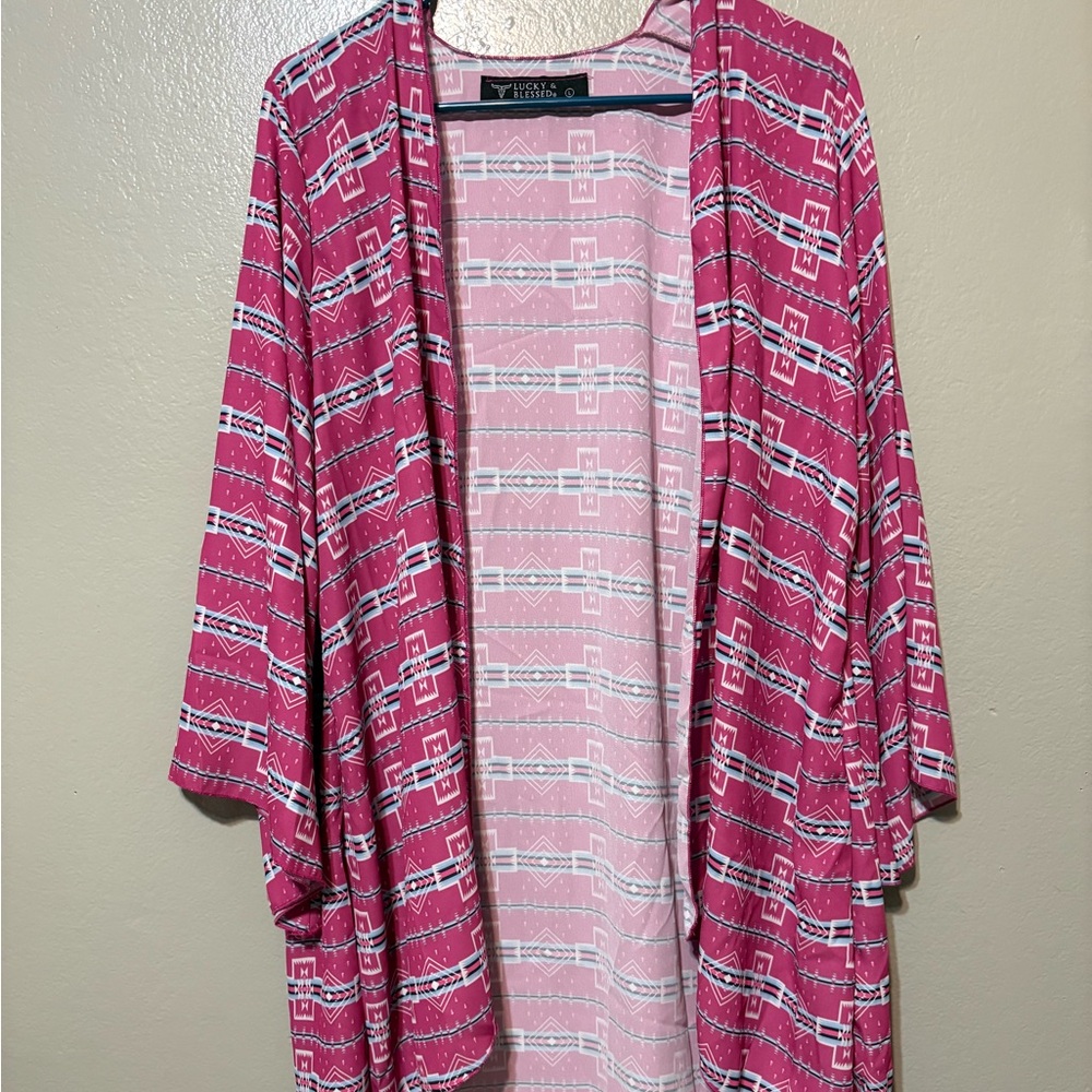 Lucky & Blessed Pink Aztec Print Kimono/Duster L